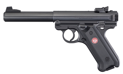 Picture of Ruger Mark IV, Target, Single Action, Semi-automatic, Metal Frame Pistol, Full Size, 22LR, 5.5" Barrel, Bull Barrel, Alloy, Blued Finish, Checkered Grips, Adjustable Rear Sight, 10 Rounds 40101