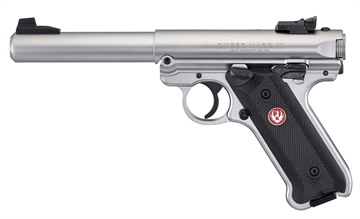 Picture of Ruger Mark IV, Target, Single Action, Semi-automatic, Metal Frame Pistol, Full Size, 22LR, 5.5" Barrel, Bull Barrel, Stainless Steel, Satin Finish, Silver, Checkered Grips, Adjustable Rear Sight, Manual Safety, 10 Rounds 40103