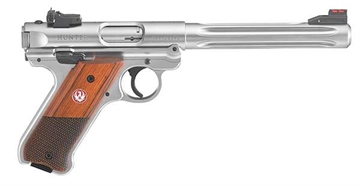 Picture of Ruger Mark IV Hunter, Single Action, Semi-automatic, Metal Frame Pistol, Full Size, 22LR, 6.9" Barrel, Fluted Bull Barrel, Stainless Steel, Satin Finish, Silver, Checkered Laminate Grips, Adjustable Rear Sight, 10 Rounds, 2 Magazines 40118