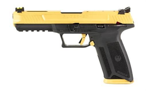 Picture of Ruger 57, TALO Edition, Double Action Only, Semi-automatic, Polymer Frame Pistol, Full Size, 5.7X28MM, 4.94" Barrel, Cerakote Finish, Shimmer Gold Slide, Fiber Optic Front and Adjustable Rear Sights, Ambidextrous Manual Safety, 20 Rounds, 2 Magazines, Ambidextrous 16416