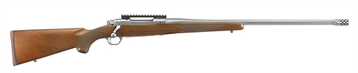 Picture of Ruger Hawkeye Hunter, Bolt Action Rifle, 7MM PRC, 24" Free Floated Cold Hammer Forged Barrel, 5/8X24 Thread Pitch, Radial Port Muzzle Break, Satin Stainless Finish, Silver, Walnut Stock, LC6 Trigger, Picatinny Rail, 3 Rounds 57144