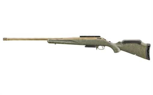 Picture of Ruger American Generation II, Predator, Bolt Action Rifle, 6.5 PRC, 22" Spiral Fluted Barrel, 1:8 Twist, Threaded 5/8"-24, Muzzle Brake, Cerakote Finish, Burnt Bronze, Green Splatter Synthetic Stock, Manual Safety, Picatinny Rail, 3 Rounds, 1 Magazine 46946