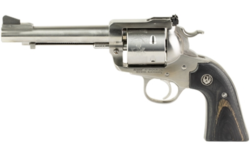 Picture of Ruger Blackhawk Bisley, Convertible, Single Action Only Revolver, 357 Magnum/9MM, 5.5" Barrel, Satin Stainless Steel Finish, Silver, Black Laminate Wood Grips, Ramp Front and Adjustable Rear Sights, 6 Rounds 00358
