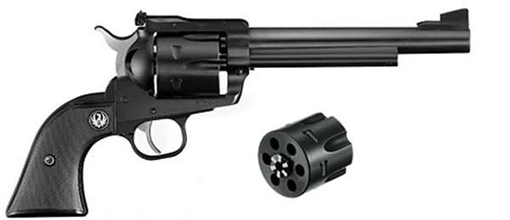 Picture of Ruger Blackhawk Convertible, Single Action Only, Revolver, 357 Magnum/9MM, 6.5" Barrel, Alloy Steel, Blued Finish, Black Checkered Hard Rubber Grips, Ramp Front and Adjustable Rear Sights, 6 Rounds, Includes 9MM Luger Cylinder 00318
