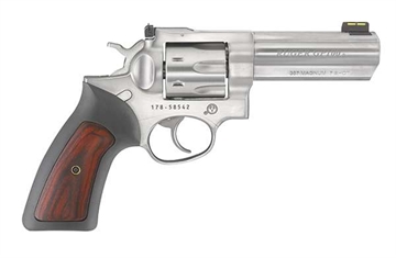 Picture of Ruger GP100, Double/Single Action, Revolver, 357 Magnum, 4.2" Barrel, Stainless Steel, Satin Finish, Silver, Rubber Grips with Wood Inlay, Fiber Optic Front and Adjustable Rear Sights, 7 Rounds 01771