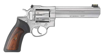 Picture of Ruger GP100, Double/Single Action, Revolver, 357 Magnum, 6" Barrel, Stainless Steel, Satin Finish, Silver, Rubber Grips with Wood Inlay, Fiber Optic Front and Adjustable Rear Sights, 7 Rounds 01773