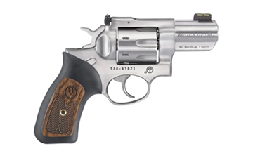 Picture of Ruger GP100, Double/Single Action, Revolver, 357 Magnum, 2.5" Barrel, Stainless Steel, Satin Finish, Silver, Rubber Grips with Wood Inlay, Fiber Optic Front and Adjustable Rear Sights, 7 Rounds 01774