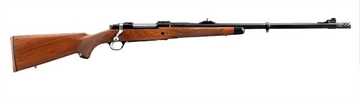 Picture of Ruger Hawkeye African, Bolt-Action Rifle, 416 Ruger, 23" Barrel, Ruger Muzzle Brake System, Satin Blued Finish, Alloy Steel, American Walnut Stock with Ebony Forend Cap, Adjustable Rear & Bead Front Sight, 3Rd, Includes Scope Rings 37185