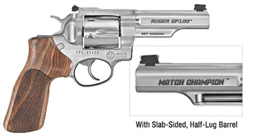 Picture of Ruger GP100 Match Champion, Double/Single Action, Revolver, 357 Magnum, 4.2" Barrel, Stainless Steel, Satin Finish, Silver, Hogue Stippled Hardwood Grips, Fiber Optic Front and Adjustable Rear Sights, 6 Rounds 01755