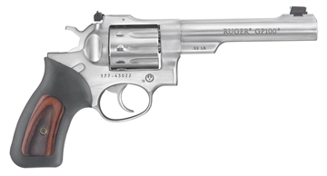 Picture of Ruger GP100, Double/Single Action, Revolver, 22LR, 5.5" Barrel, Stainless Steel, Satin Finish, Silver, Rubber Grips with Wood Inlay, Fiber Optic Front and Adjustable Rear Sights, 10 Rounds 01757