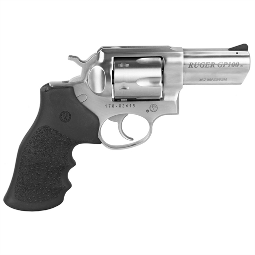 Picture of Ruger GP100 Standard, Double/Single Action, Revolver, 357 Magnum, 3" Barrel, Stainless Steel, Satin Finish, Silver, Hogue Monogrip, Ramp Front and Integral Rear Sights, 6 Rounds, KGPF-331 01715