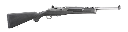 Picture of Ruger Mini-14 Ranch Rifle, Semi-Automatic Rifle, 5.56NATO/223Rem, 18.5" Barrel, Matte Stainless Finish, Stainless Steel, Black Synthetic Stock, Adjustable Rear & Blade Front Sight, Includes Picatinny Rail/Scope Rings/2 Mags, 5Rd 05805
