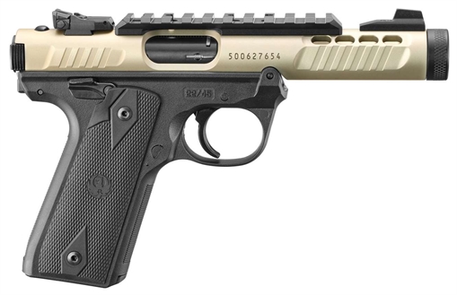 Picture of Ruger Mark IV, 22/45 Lite, Single Action, Semi-automatic, Polymer Frame Pistol, 22LR, 4.4" Threaded Barrel, Anodized Finish, Champagne, Black Frame, Checkered Grips, Adjustable Rear Sight, Ambidextrous Safety, 10 Rounds, 2 Magazines 43955