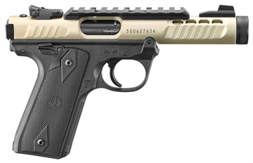 Picture of Ruger Mark IV, 22/45 Lite, Single Action, Semi-automatic, Polymer Frame Pistol, 22LR, 4.4" Threaded Barrel, Anodized Finish, Champagne, Black Frame, Checkered Grips, Adjustable Rear Sight, Ambidextrous Safety, 10 Rounds, 2 Magazines 43955