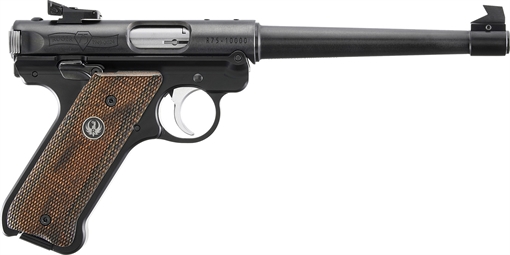 Picture of Ruger Mark IV 75th Anniversary Target 22 LR 10+1 6.88" Stainless Tapered Target Barrel, Blued Aluminum Frame, Drilled & Tapped, Checkered Wood Laminate Grip, Ambidextrous 40175