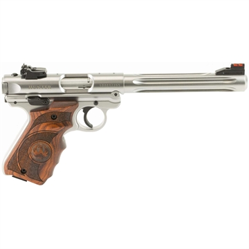 Picture of Ruger Mark IV, Hunter, Single Action, Semi-Automatic, Metal Frame Pistol, 22LR, 6.9" Fluted Bull Barrel, Stainless Steel, Satin Finish, Laminate Finger Groove Grips, Adjustable Rear Sight, Ambidextrous Safety, 10 Rounds, 2 Magazines 40160