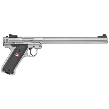 Picture of Ruger Mark IV, Target, Single Action, Semi-automatic, Metal Frame Pistol, 22LR, 10" Bull Barrel, Steel, Stainless Finish, Checkered Synthetic Grips, Adjustable Rear Sight, Ambidextrous Safety, 10 Rounds, 2 Magazines 40174