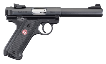 Picture of Ruger Mark IV, Target, Single Action, Semi-automatic, Metal Frame Pistol, Full Size, 22LR, 5.5" Barrel, Bull Barrel, Alloy, Blued Finish, Checkered Grips, Adjustable Rear Sight, 10 Rounds, 2 Magazines, California Compliant 40183