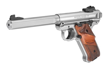 Picture of Ruger Mark IV Competition, Single Action, Semi-automatic, Metal Frame Pistol, Full Size, 22LR, 6.9" Barrel, Slab Side Bull Barrel, Stainless Steel, Satin Stainless Finish, Checkered Laminate Grips with Thumbrest, Adjustable Rear Sight, 10 Rounds, 2 Magazines 40112