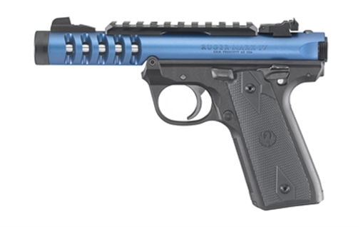 Picture of Ruger Mark IV, 22/45 Lite, Single Action, Semi-automatic, Polymer Frame Pistol, 22LR, 4.4" Threaded Barrel, Anodized Finish, Blue, Checkered Grips, Adjustable Rear Sight, Ambidextrous Safety, 10 Rounds, 2 Magazines 43924