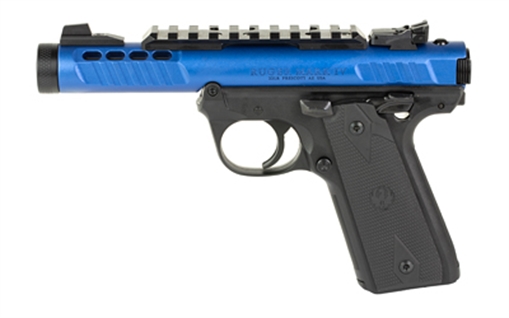Picture of Ruger Mark IV, 22/45 Lite, Single Action, Semi-automatic, Polymer Frame Pistol, 22LR, 4.4" Barrel, Threaded 1/2X28, Anodized Finish, Blue, Black Cerakote Barrel and Trigger, Checkered Rubber Grips, Adjustable Rear Sight, Ambidextrous Safety, 10 Rounds, 2 Magazines 43961