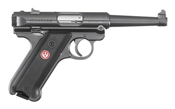 Picture of Ruger Mark IV, Standard, Single Action, Semi-automatic, Metal Frame Pistol, Full Size, 22LR, 4.75" Barrel, Alloy, Blued Finish, Checkered Grips, Fixed Sights, 10 Rounds, 2 Magazines 40104