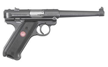 Picture of Ruger Mark IV, Standard, Single Action, Semi-automatic, Metal Frame Pistol, Full Size, 22LR, 6" Barrel, Alloy, Blued Finish, Checkered Grips, Fixed Sights, 10 Rounds, 2 Magazines 40105