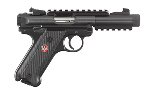 Picture of Ruger Mark IV, Tactical, Single Action, Semi-automatic, Metal Frame Pistol, Full Size, 22LR, 4.4" Barrel, Threaded Barrel, Alloy, Blued Finish, Checkered Grips, Adjustable Rear Sight, 10 Rounds, 2 Magazines, Picatinny Rails on Top and Bottom of Barrel 40150