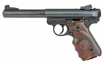 Picture of Ruger Mark IV Target, Single Action, Semi-automatic, Metal Frame Pistol, Full Size, 22LR, 5.5" Barrel, Bull Barrel, Alloy, Blued Finish, Laminate Grips with Finger Grooves, Adjustable Rear Sight, 10 Rounds, 2 Magazines 40159