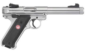 Picture of Ruger Mark IV, Target, Single Action, Semi-automatic, Metal Frame Pistol, Full Size, 22LR, 5.5" Barrel, Threaded Barrel, Stainless Steel, Satin Stainless Finish, Checkered Grips, Adjustable Rear Sight, 10 Rounds 40126
