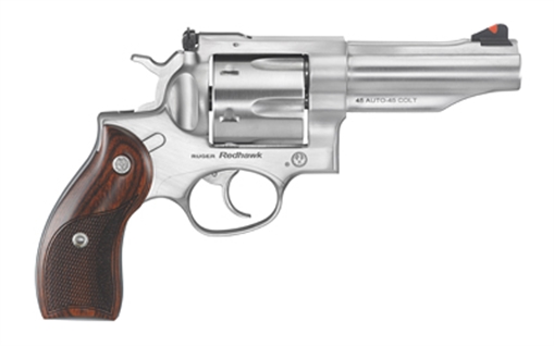 Picture of Ruger Redhawk, Double/Single Action, Revolver, 45 Long Colt/45 ACP, 4.2" Barrel, Sleeve and Shroud Barrel, Stainless Steel, Satin Finish, Silver, Hardwood Grips, Adjustable Rear & Ramp Front Sight, 6 Rounds 05050