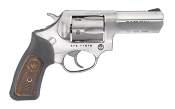 Picture of Ruger SP101, Double/Single Action, Revolver, Small Frame, 327 Federal Magnum, 3" Barrel, Stainless Steel, Satin Finish, Silver, Rubber Grips with Wood Inlay, Black Ramp Front and Fixed Rear Sights, 6 Rounds, KSP-32731X 05784