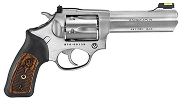 Picture of Ruger SP101, Double/Single Action, Revolver, Small Frame, 327 Federal Magnum, 4.2" Barrel, Stainless Steel, Satin Finish, Silver, Rubber Grips with Wood Inlay, Fiber Optic Front and Adjustable Rear Sights, 6 Rounds 05773