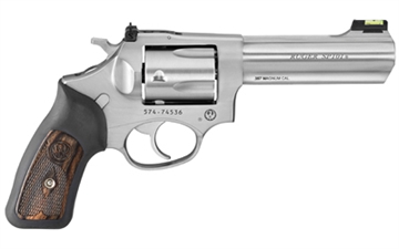 Picture of Ruger SP101, Double/Single Action, Revolver, Small Frame, 357 Magnum, 4.2" Barrel, Stainless Steel, Satin Finish, Silver, Rubber Grips with Wood Inlay, Fiber Optic Front and Adjustable Rear Sights, 5 Rounds, KSP-341X 05771