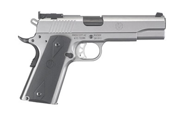 Picture of Ruger SR1911, 1911, Semi-automatic, Metal Frame Pistol, Full Size, 10MM, 5" Barrel, Bushingless Stainless Steel Bull Barrel, Stainless Steel, Matte Finish, Silver, Black Rubber Grips, Adjustable Target Sights, Extended Thumb Safety, 8 Rounds, 2 Magazines, Right Hand 06739