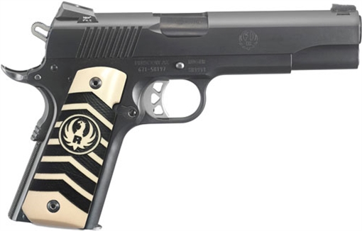 Picture of Ruger SR1911, TALO Edition, Single Action Only, Semi-automatic, Metal Frame Pistol, Full Size, 10MM, 5" Barrel, Stainless Steel, Nitride Finish, Black, White Chevron Ivorylite Grips, Night Sights, Manual Safety, 8 Rounds 06756