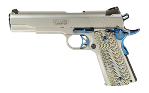 Picture of Ruger SR1911, TALO Edition, 1911, Semi-automatic, Metal Frame Pistol, Full Size, 45 ACP, 5" Barrel, Stainless Steel Finish, Silver with PVD Finished, Cobalt Blue Parts, Novak White Dot Sights, Manual Safety, 2 Magazines, (1)-8 Round and (1)-7 Round 06799
