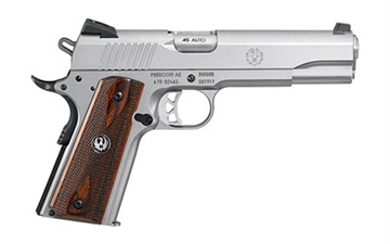 Picture of Ruger SR1911, 1911, Semi-automatic, Metal Frame Pistol, Full Size, 45 ACP, 5" Barrel, Stainless Steel, Low-Glare Stainless Finish, Hardwood Grips, Drift Adjustable Novak 3 Dot Sights, 8 Rounds 06700