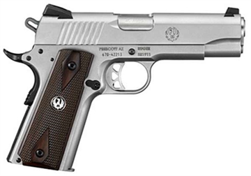 Picture of Ruger SR1911, 1911, Semi-automatic, Metal Frame Pistol, Commander, 45 ACP, 4.25" Barrel, Stainless Steel, Low-Glare Stainless Finish, Hardwood Grips, Drift Adjustable Novak 3 Dot Sights, 7 Rounds 06702
