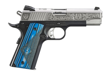 Picture of Ruger SR1911, Newport NH Edition, Semi-automatic, Metal Frame Pistol, 45 ACP, 4.25" Barrel, Aluminum Frame, Anodized Frame and Low-Glare Stainless Slide, Black Frame with Engraved Silver Slide, Blue/Black G10 Grips, Drift Adjustable Novak 3 Dot Sights, 7 Rounds, 2 Magazines 16702