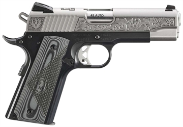 Picture of Ruger SR1911, Southport CT Edition, Semi-automatic, Metal Frame Pistol, 45 ACP, 4.25" Barrel, Aluminum Frame, Anodized Frame and Low-Glare Stainless Slide, Black Frame with Engraved Silver Slide, Black/Gray G10 Grips, Drift Adjustable Novak 3 Dot Sights, 7Rounds, 2 Magazines 16705