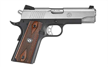 Picture of Ruger SR1911, 1911, Semi-automatic, Metal Frame Pistol, Commander, 45 ACP, 4.25" Barrel, Aluminum, Anodized Frame and Low-Glare Stainless Slide, Black and Silver, Hardwood Grips, Drift Adjustable Novak 3 Dot Sights, 7 Rounds 06711