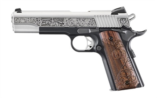 Picture of RUGER SR1911 LIMITED EDITION 45ACP 5IN BARREL 8RD BLACK FR / SILVER SL LASER ENGRAVED WITH MOUNTED RIDER AN AMERICAN FLAG BACK DROP 16706 16706