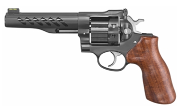 Picture of Ruger Super GP100, Double/Single Action, Revolver, 357 Magnum, 5.5" Barrel, Cold Hammer Forged Barrel, Stainless Steel, PVD Coated Finish, Black, Hogue Hardwood Grip, Fiber Optic Front and Adjustable Rear Sights, 8 Rounds, 3 Moon Clips 05065