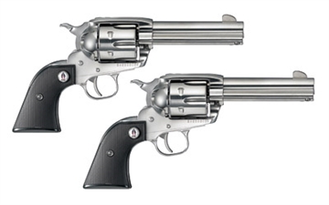 Picture of Ruger Vaquero SASS, Single Action Only, Revolver, 357 Magnum, 4.6" Barrel, Stainless Steel, High-Gloss Finish, Black Checkered Grips, Blade Front and Integral Rear Sights, 6 Rounds, Two-Gun Consecutive Serial Number Set, Commemorative case 05133