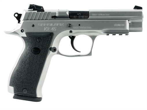 Picture of SAR USA K2 45 ACP 14+1, 4.70" Black Steel Barrel, Stainless Steel Serrated Slide, Stainless Steel Frame w/Beavertail & Picatinny Rail, Black Polymer Grip, Manual Thumb Safety, Right Hand K245ST