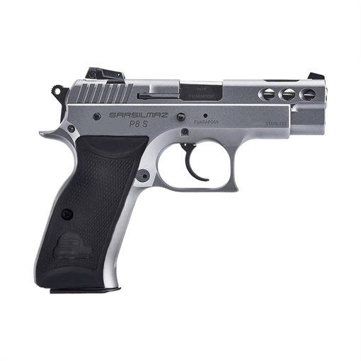 Picture of SAR USA P8S Compact Frame 9mm Luger 17+1 3.80" Black Ported Steel Barrel, Stainless Steel Ported/Serrated Slide, Steel Frame w/Beavertail, Black Polymer Grip, Right Hand P8SST