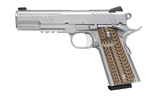 Picture of Savage Arms Savage 1911 with Rail, Semi-automatic, Single Action, Metal Frame Pistol, Full Size, 9mm, 5" Barrel, G10 Grips, Stainless Steel Finish, Night Sights, Manual Safety, 10 Rounds, 2 Magazines 67209