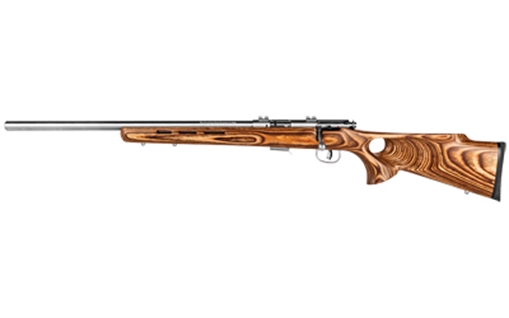 Picture of Savage Arms 93R17 BTVLSS Full Size 17 HMR 5+1 21" Satin Heavy Button Rifled Barrel, Satin Drilled & Tapped Stainless Steel Receiver, Natural Brown Thumbhole Laminate Stock, Left Hand 96210