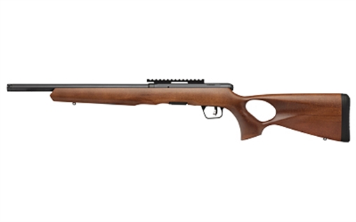 Picture of Savage Arms B Series Timber 17 HMR 10+1 18" Matte Black Threaded Barrel, Matte Black Picatinny Rail Steel Receiver, Woodgrain Fixed Thumbhole Stock 70817